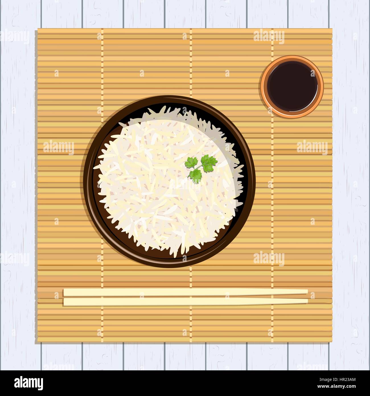 Bol en céramique de riz avec des baguettes et le persil et rameau vert sause. Cuisine bambou sur bois blanc en détresse. Vector illustration. Pour culinar Illustration de Vecteur