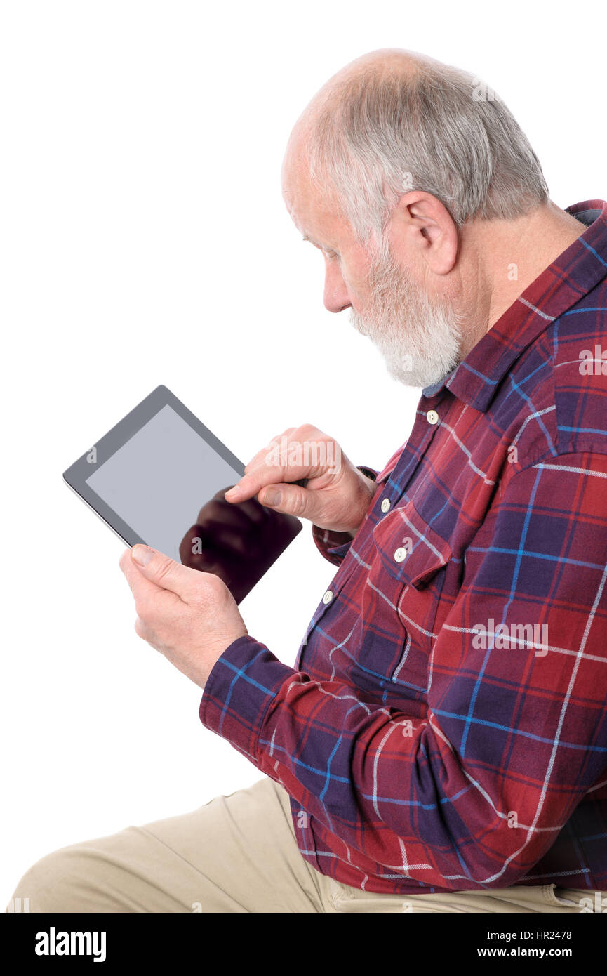 Man touché quelque chose à l'écran de l'ordinateur tablette, isolated on white Banque D'Images