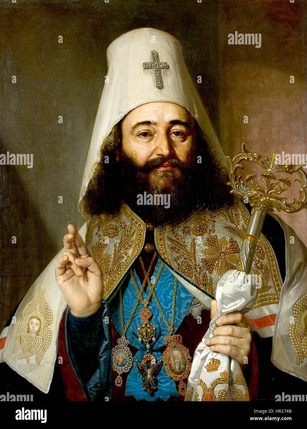 Le patriarche Antonios II de Géorgie était une figure religieuse importante de l'Église orthodoxe géorgienne. Son portrait souligne sa dignité cléricale, illustrant son rôle autoritaire au sein de l'église et son lien avec l'héritage spirituel de la Géorgie. Banque D'Images