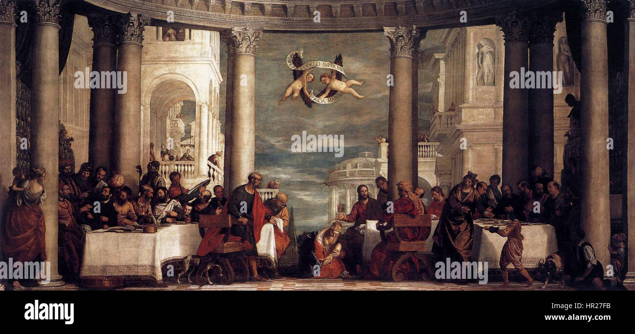 La « Fête à la Maison de Simon » de Paolo Véronèse illustre une scène biblique de l'Évangile de Luc. La composition détaillée capture un banquet somptueux avec Jésus, Simon et d'autres personnages, reflétant la maîtrise de la lumière, de la perspective et de sa représentation vivante du style vénitien du XVIe siècle. Banque D'Images