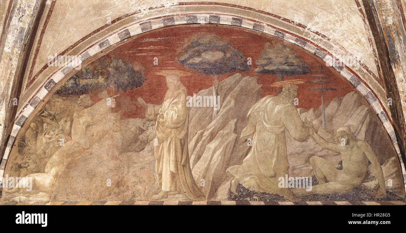 Paolo Uccello, un peintre italien du début de la Renaissance, a créé la fresque "Création des animaux et Adam" entre 1432 et 1436, représentant la Création d'Adam, des animaux et Ève, et le Péché originel, dans le cloître de Santa Maria Novella à Florence. Banque D'Images