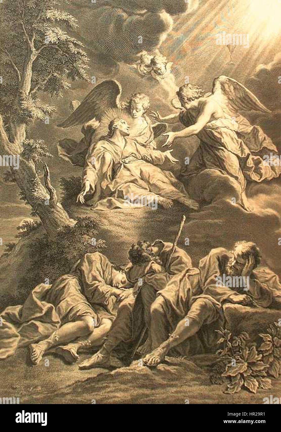 'Le Christ au jardin des oliviers' de Pierre Imbert Drevet représente le Christ dans le jardin de Gethsémani, un moment charnière de la théologie chrétienne. La gravure de Drevet illustre la profondeur émotionnelle et la signification religieuse de cet événement biblique. Banque D'Images