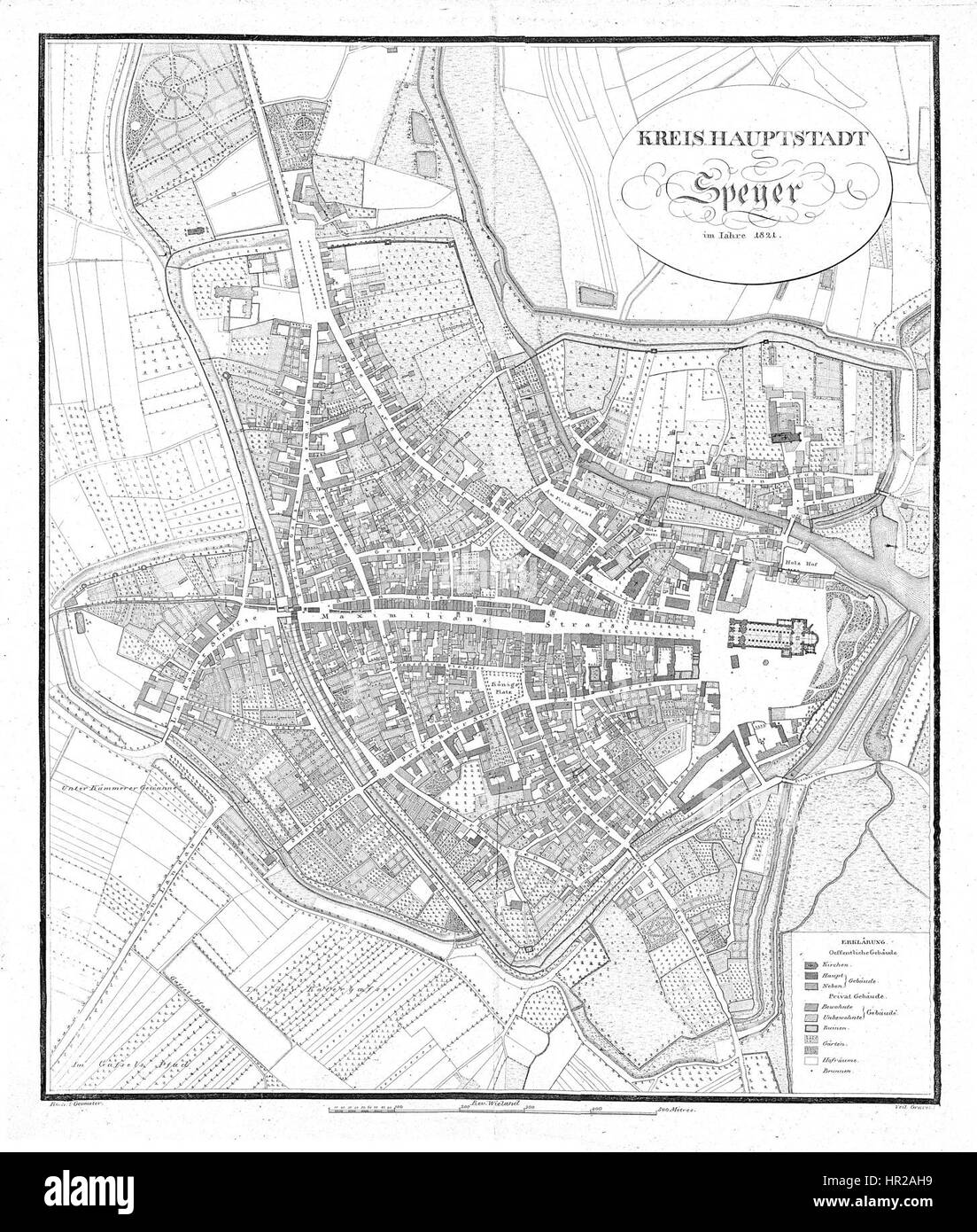 *Plan der Kreishauptstadt Speyer* est une carte détaillée de Speyer, une ville du sud-ouest de l'Allemagne. La carte du XVIIIe siècle met en évidence la disposition de la ville, y compris les routes principales, les bâtiments et les monuments qui ont été importants pendant cette période. Banque D'Images