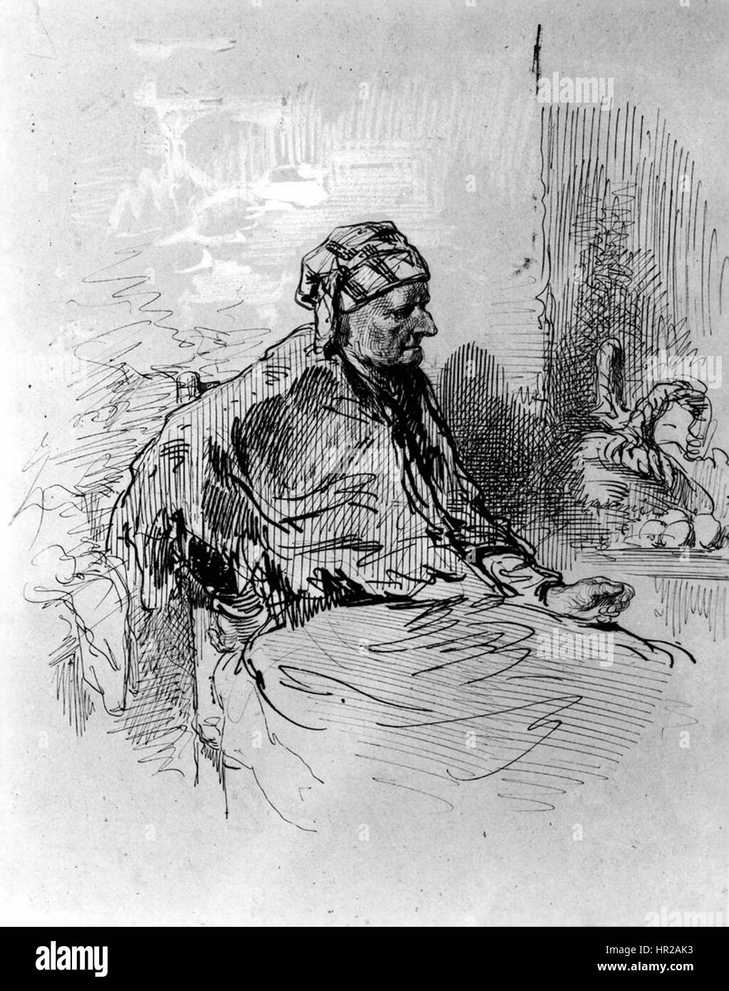 « Vieille femme en chapeau rouge » de Paul Gavarni est un portrait représentant une femme âgée en tenue traditionnelle. L'œuvre met l'accent sur les traits du personnage et les expressions faciales expressives, typiques des observations sociales de Gavarni. Banque D'Images