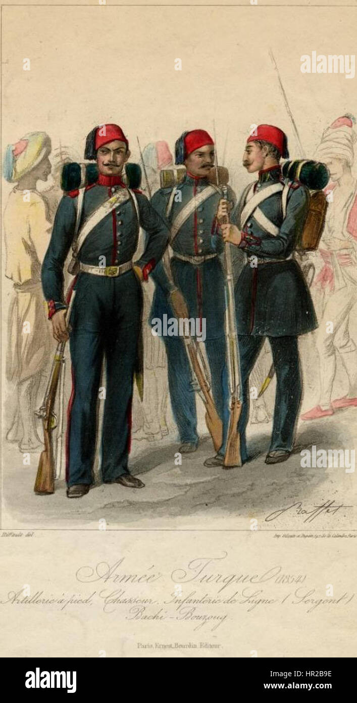 Paris- Ernest Bourdin, 1854, Auguste Raffet (artiste) 4ème image dans la collection de 4 col. lith. pl. Par Riffault après Raffet ; trois chiffres uniforme des fantassins turcs, debout, avec plus en arrière-plan. Banque D'Images