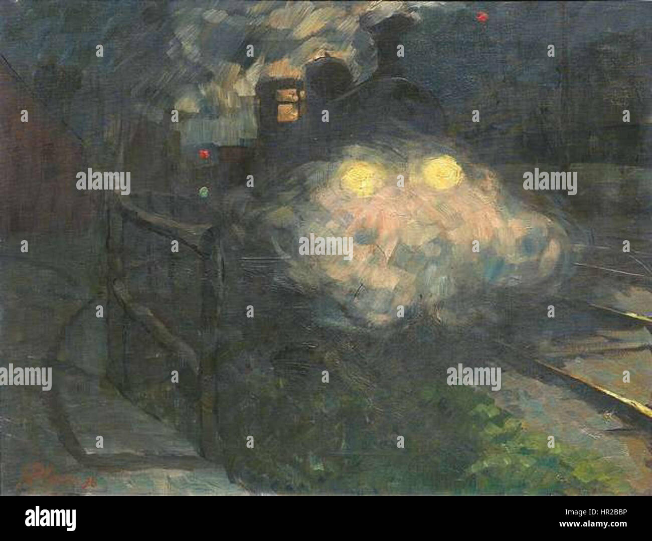 Cette peinture allemande intitulée 'Pleuer Dampf auslassende Lokomotive BEI Nacht' (locomotive libérant de la vapeur la nuit) représente une locomotive à vapeur en action la nuit. L'œuvre capture le progrès industriel de l'époque et l'éclairage dramatique de la scène nocturne. Banque D'Images