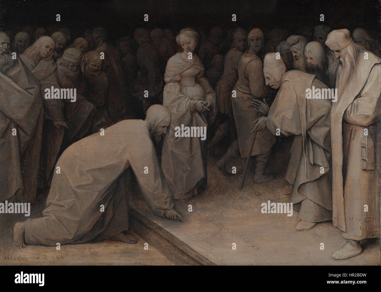 Cette peinture de Pieter Bruegel l'ancien dépeint l'histoire biblique du Christ et de la femme pris dans l'adultère. La scène dépeint un moment de confrontation morale, capturant les figures dans un moment de jugement et de miséricorde. Banque D'Images