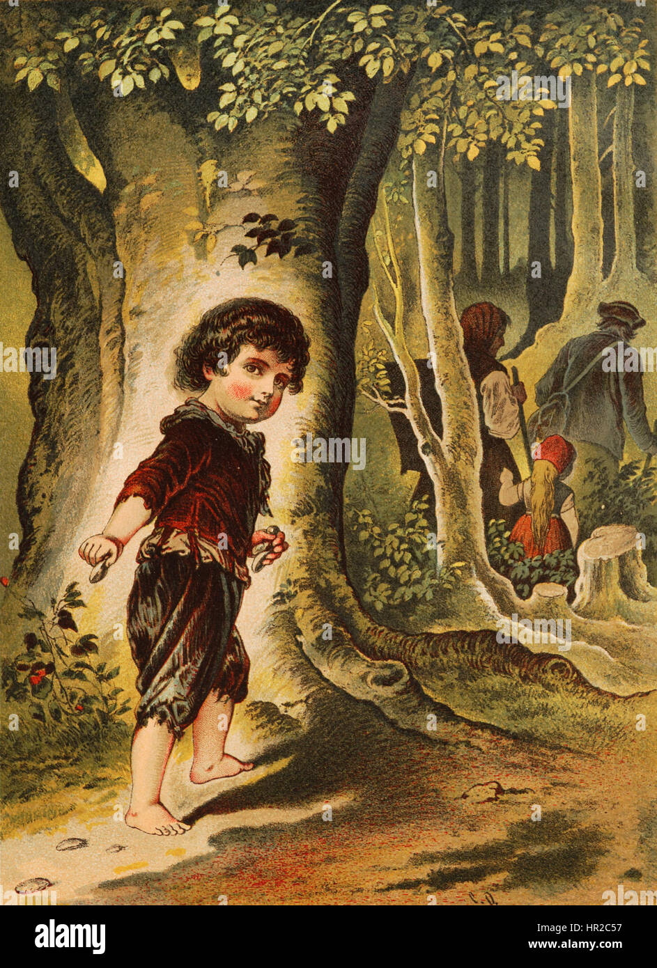 'Hansel und Gretel' d'Offterdinger dépeint la scène classique du conte de fées des Frères Grimm. L'illustration montre les deux enfants dans les bois, avec la maison de bonbons de la sorcière qui se profile en arrière-plan, capturant les éléments étranges et fantastiques du conte de fées. Banque D'Images