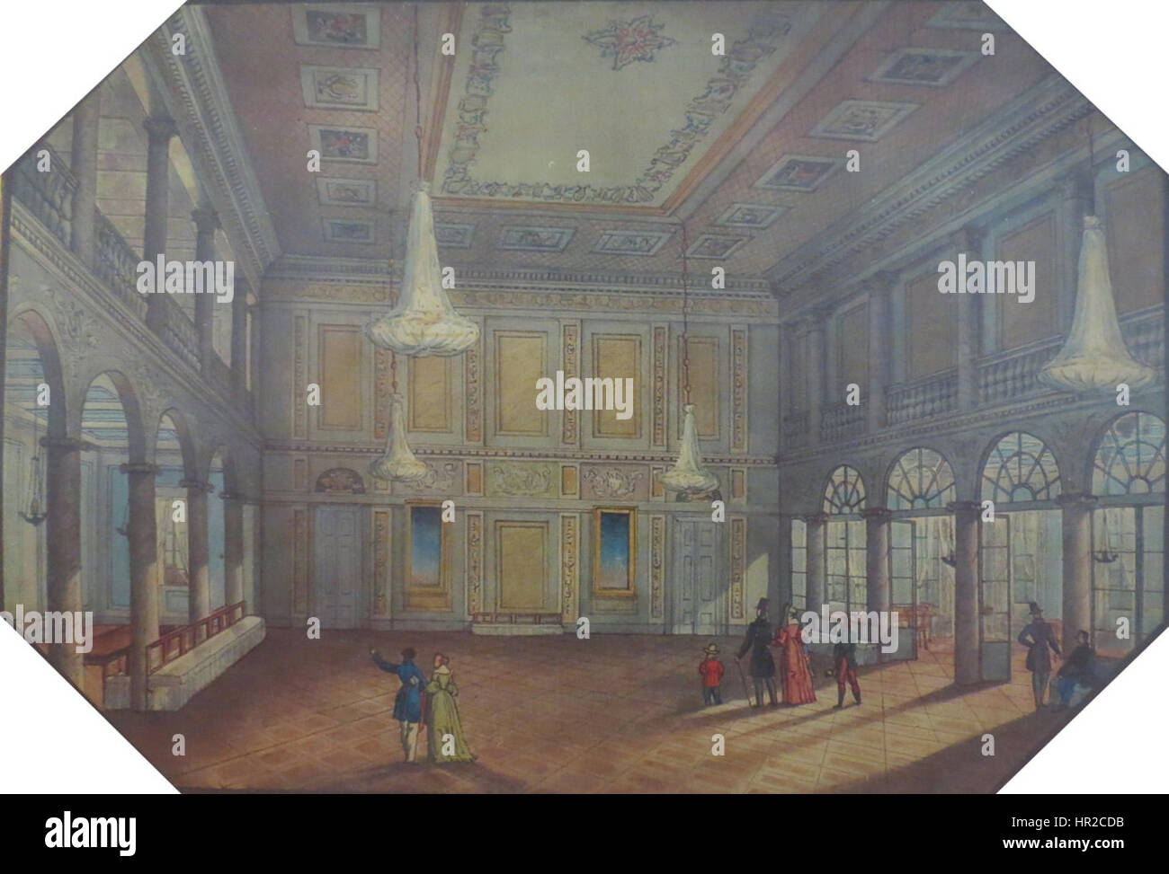 Cette lithographie, intitulée 'Notranjost kazine - plesna dvorana v prvem nadstropju', créée en 1839, représente l'intérieur d'un casino avec une grande salle de bal au premier étage. La pièce souligne l’opulence et la conception architecturale du lieu au XIXe siècle. Banque D'Images