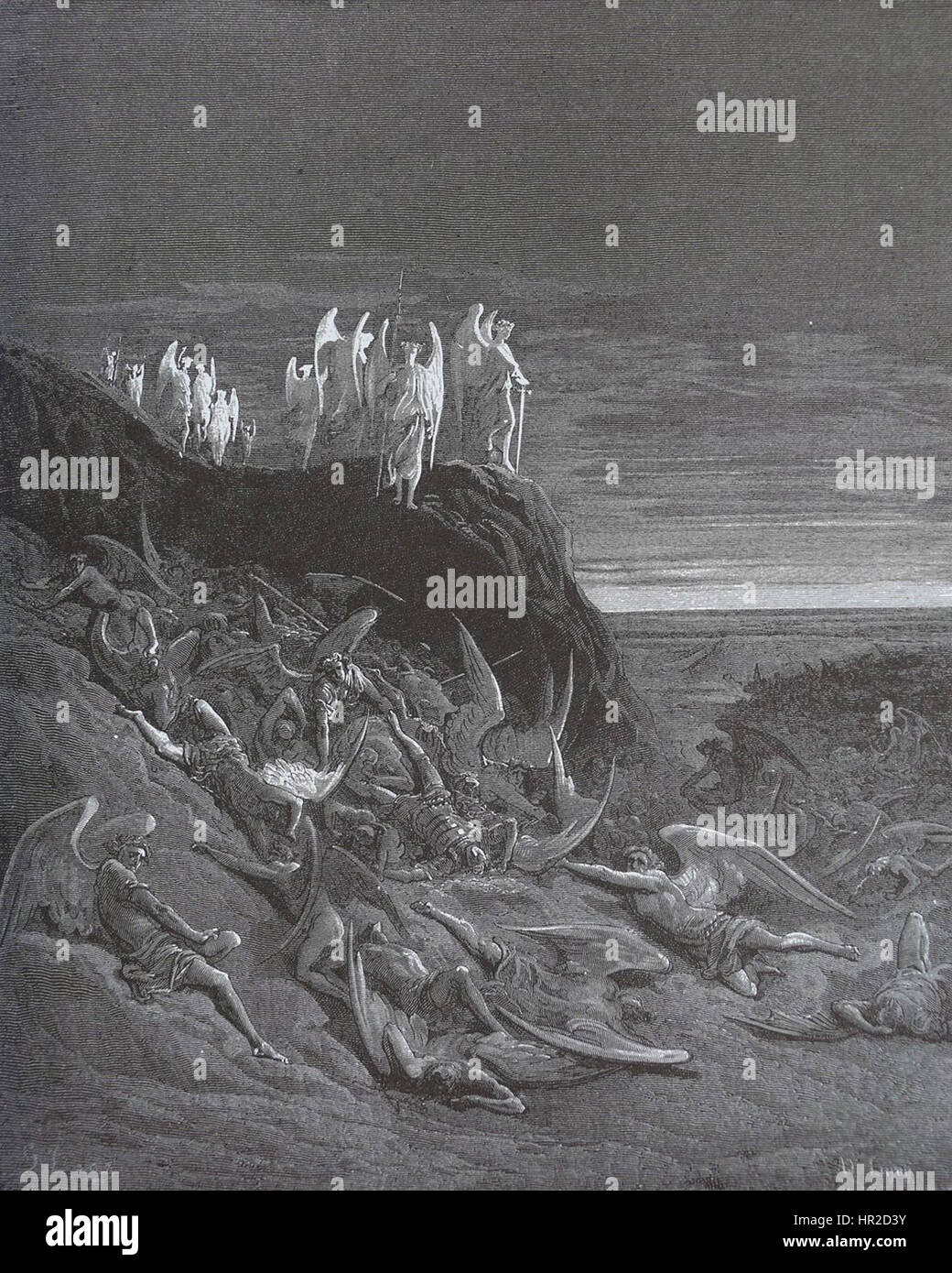 Paradise Lost est un poème épique de John Milton, avec cette illustration représentant des scènes de la chute de l'homme, mettant en valeur les thèmes de la tentation et de l'intervention divine. Banque D'Images