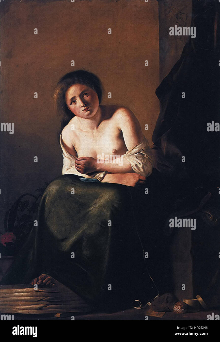 Ariane de Paulus Bor est une peinture classique représentant la figure mythologique Ariane, un personnage central de la mythologie grecque. L'œuvre capture son expression émotionnelle et sa pose dramatique, sur fond mythique. Banque D'Images