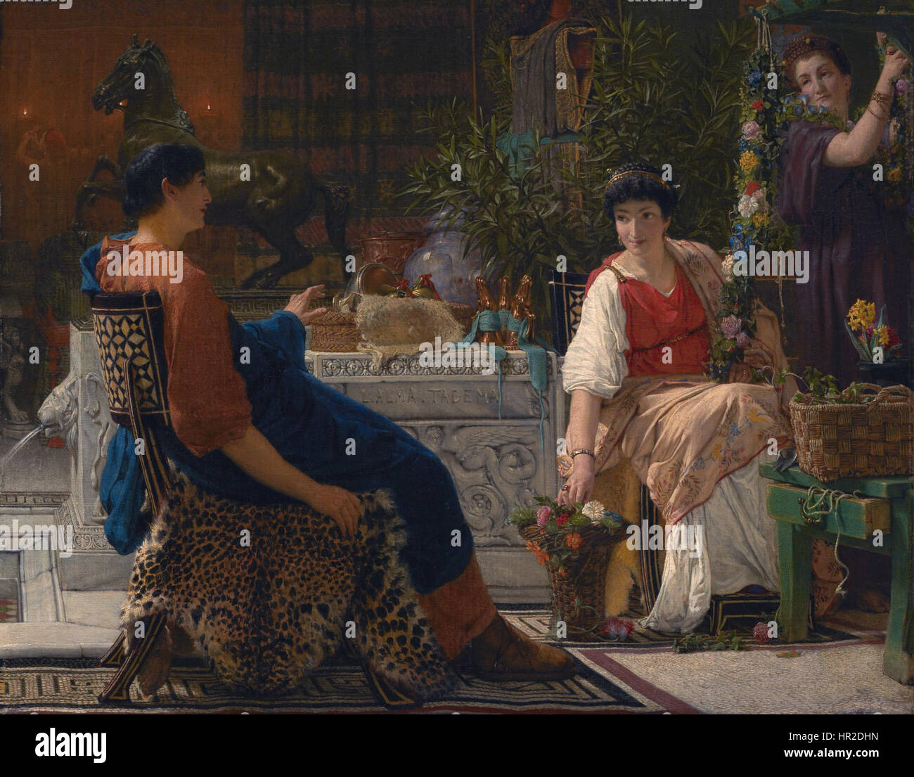 « Préparatifs pour les festivités » de Lawrence Alma-Tadema représente une scène de l'Antiquité, capturant les subtilités de la vie romaine alors que se déroulent les préparatifs d'un grand événement. Connu pour son attention à la précision historique, le travail d’Alma-Tadema est détaillé et vibrant. Banque D'Images