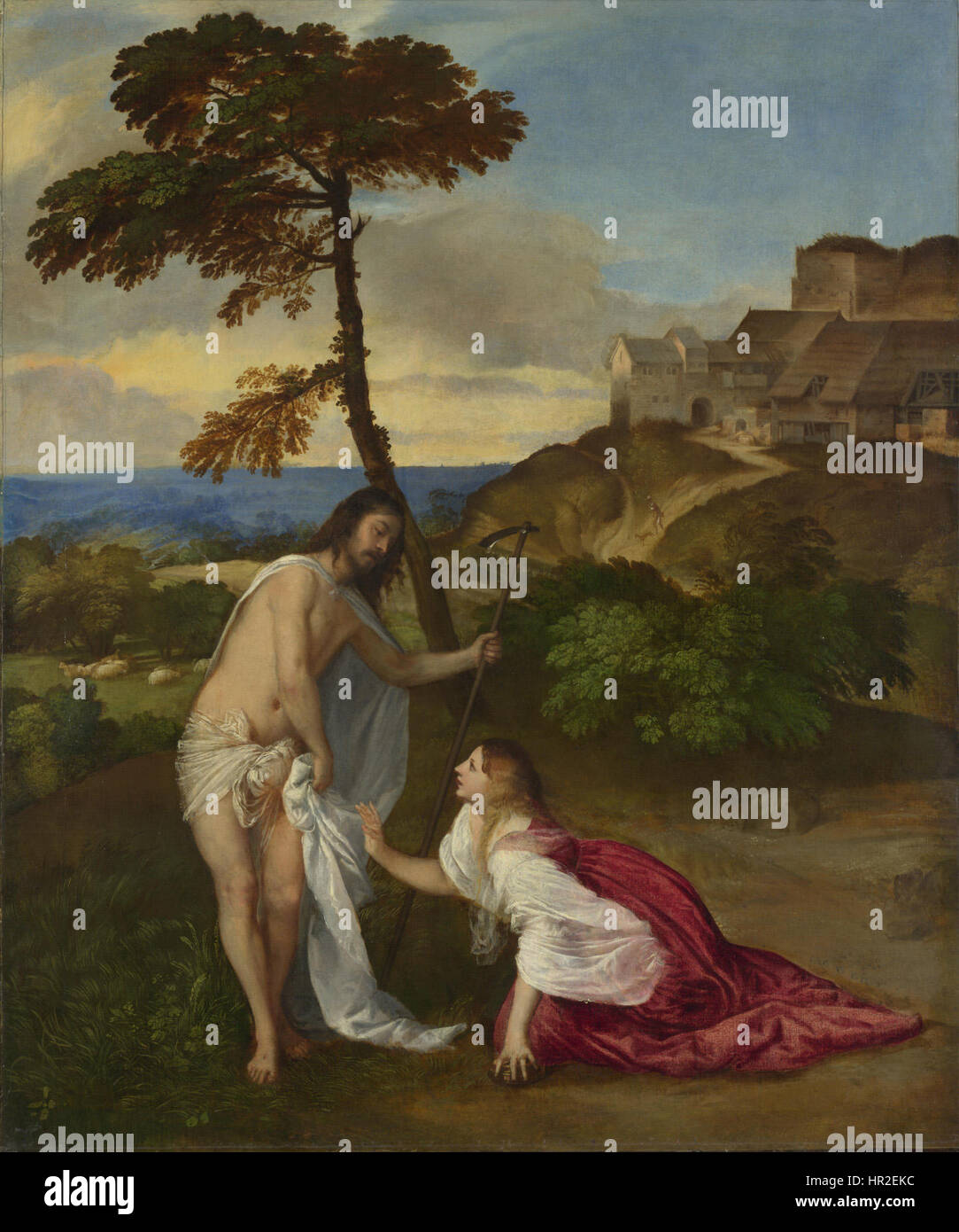 'Noli me tangere' de Titien est une peinture de la Renaissance représentant le moment où le Christ apparaît à Marie-Madeleine après sa résurrection, lui demandant de ne pas le toucher. L'œuvre capture la signification spirituelle de l'événement à travers des figures expressives et l'utilisation de couleurs vibrantes. Banque D'Images