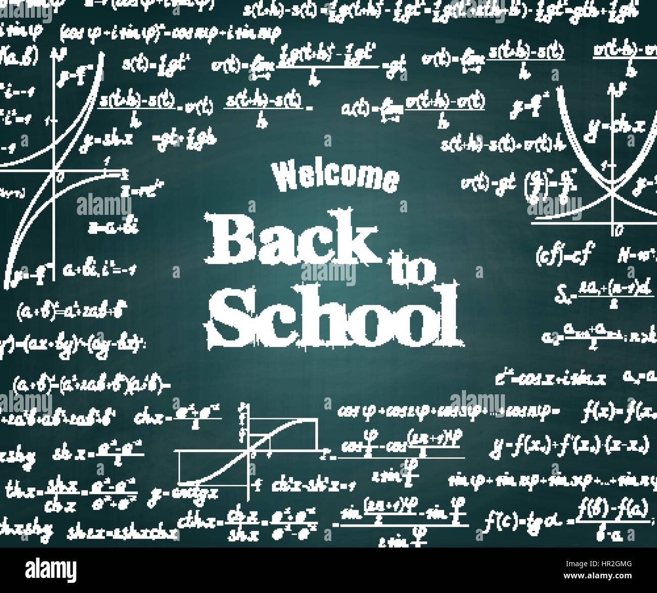 Retour à l'école mathématiques vectorielles tableau vert arrière-plan avec des signes différents, des chiffres, des formules et des graphiques de fonctions Illustration de Vecteur