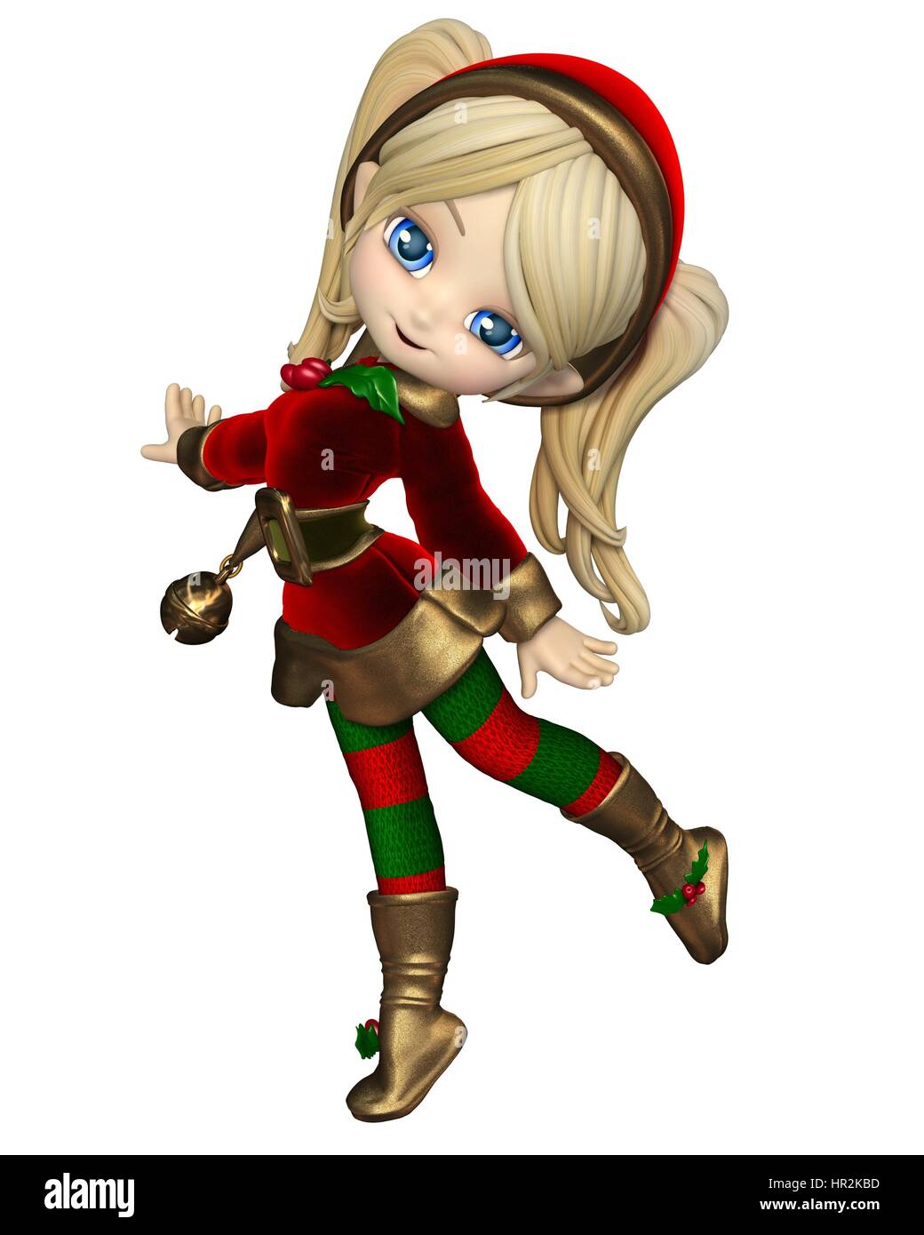 Toon mignon lutin de Noël fille dans un costume vert et rouge et un chapeau avec bell, rendu 3d illustration numérique Banque D'Images