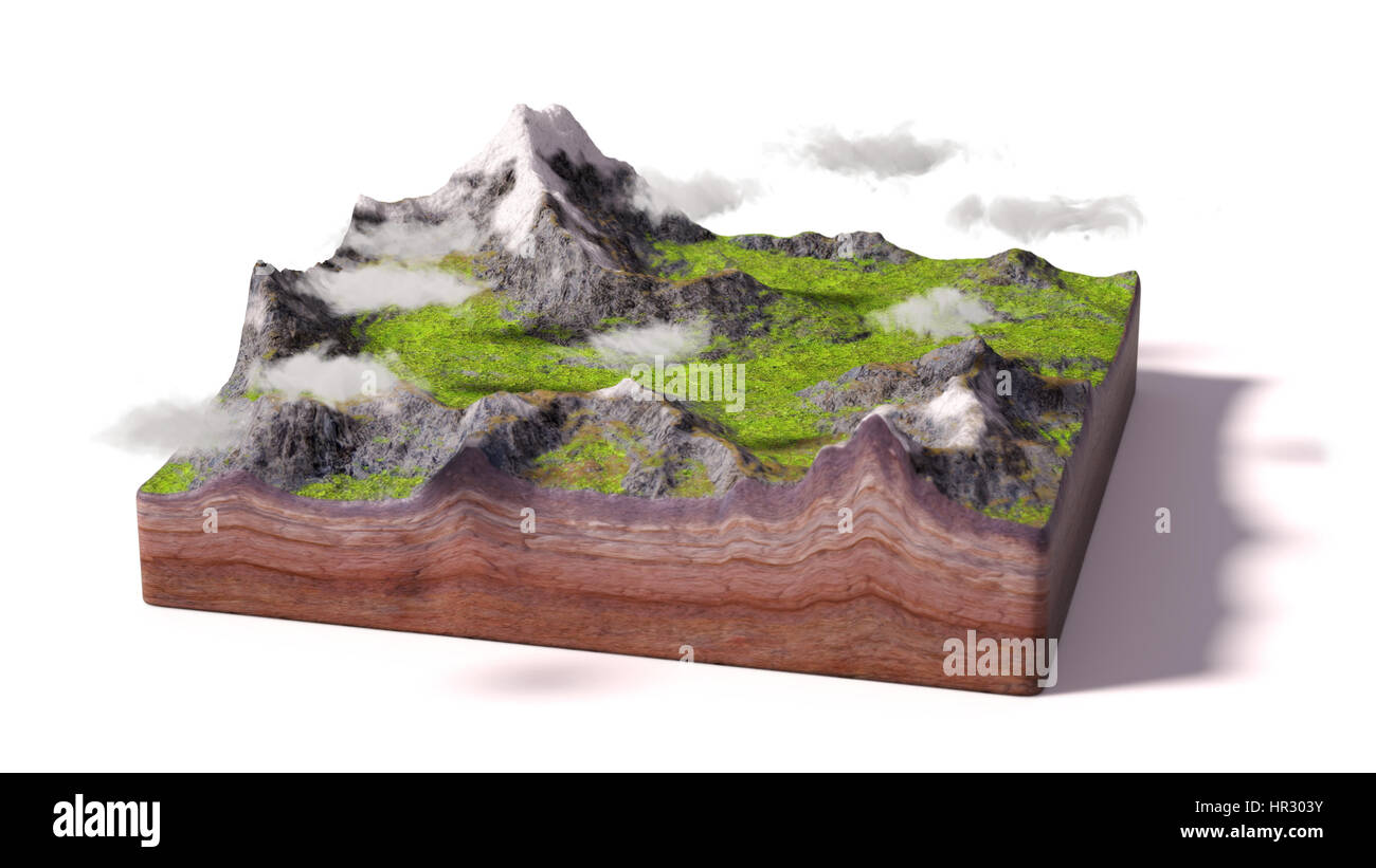 Modèle d'un échantillon de sol avec des montagnes, les prairies et les nuages (3d illustration, isolé sur fond blanc) Banque D'Images