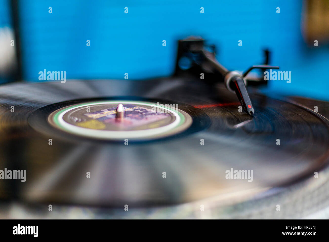 De retour à la mode et en tant qu'objet de collection, un disque vinyle LP (long Play) jouant sur une platine au fond flou Banque D'Images
