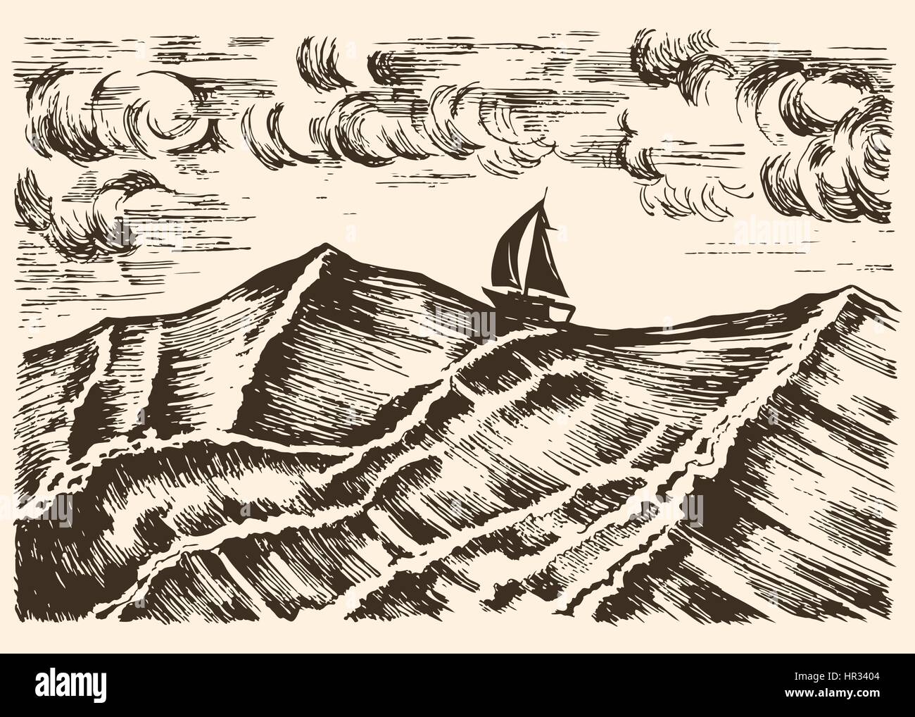 Voilier croquis vecteur nager dans une tempête sur les grosses vagues. Illustration de Vecteur