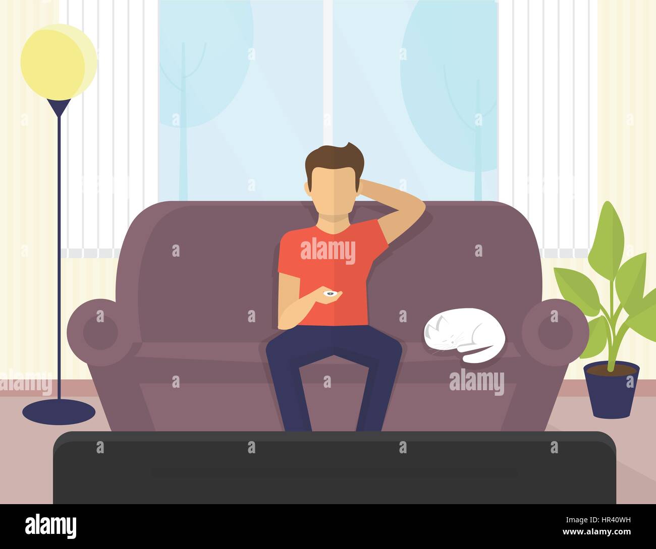 Jeune homme assis à la maison sur le canapé à regarder la télévision et boire de la bière Illustration de Vecteur