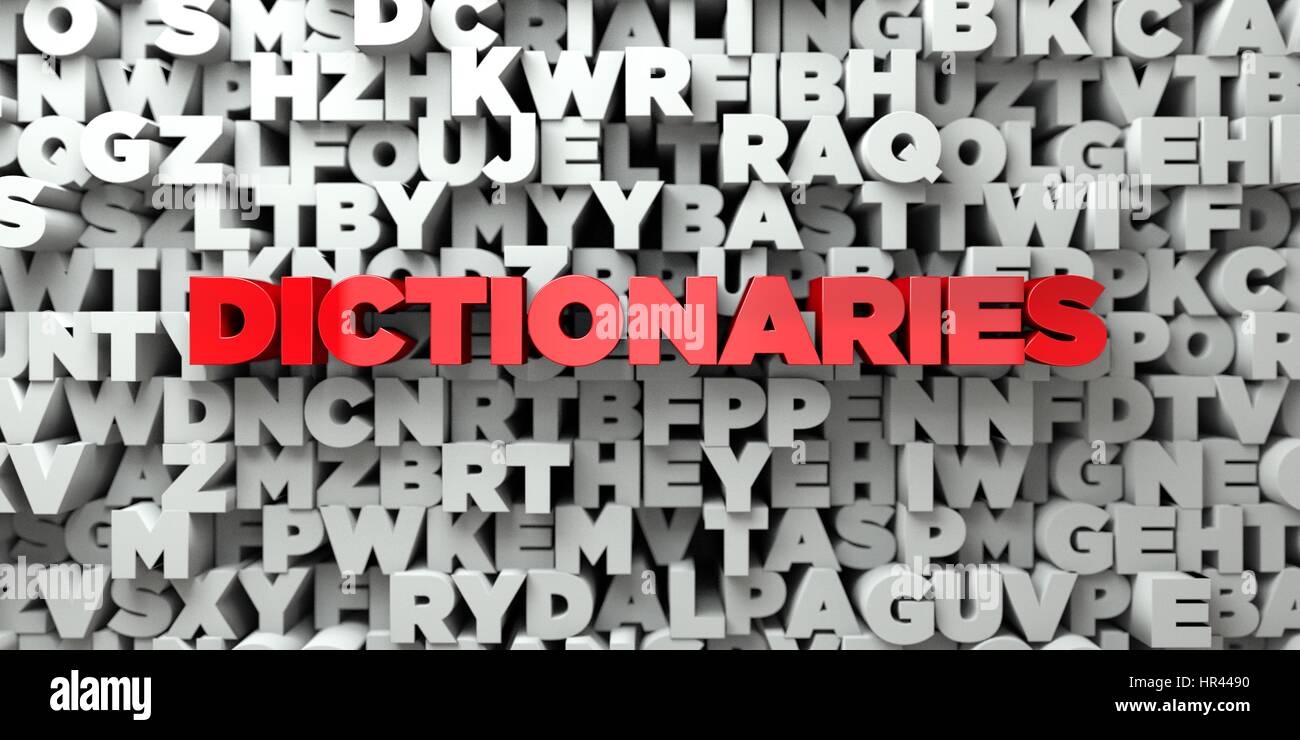 Dictionnaires - texte rouge sur fond typographie en rendu 3D - image image. Cette image peut être utilisée pour un site web en ligne ou une annonce de bannière Banque D'Images