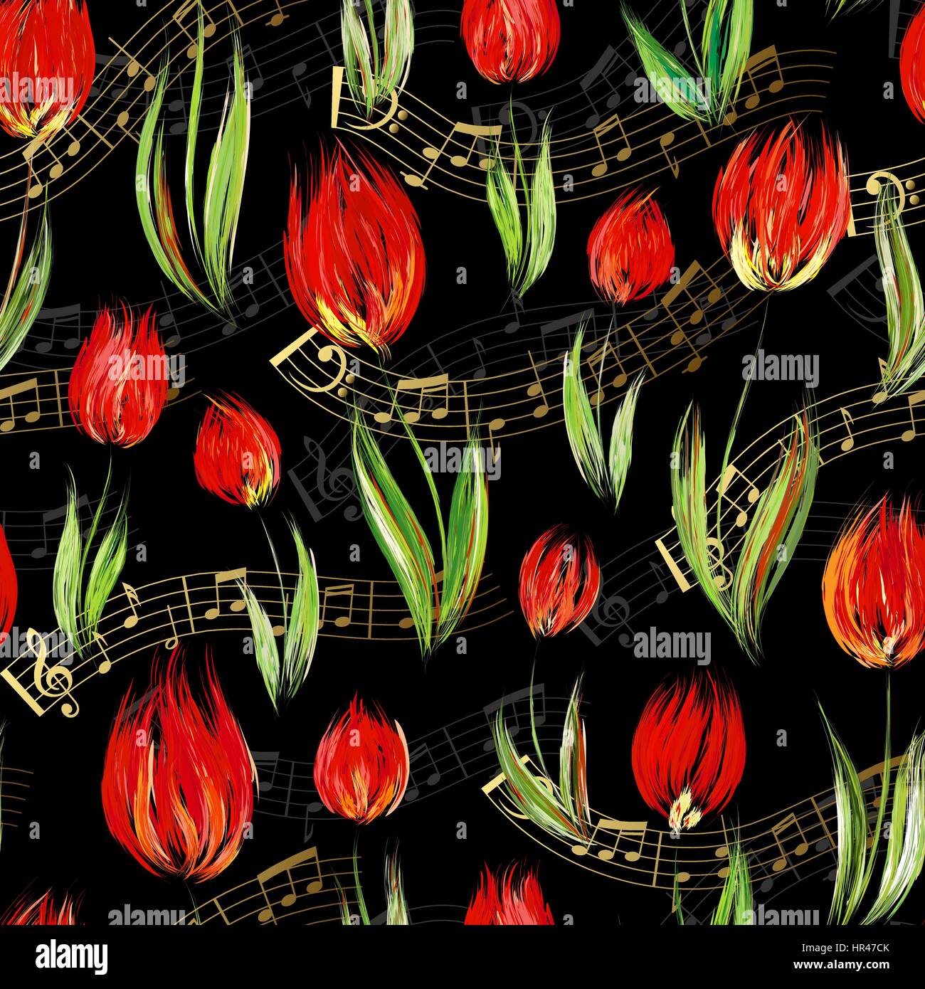 Motif transparent brillant avec de l'huile peinte en rouge fleurs tulipes fin notes d'or sur fond noir. Motif floral pour les invitations de mariage, cartes de vœux, Illustration de Vecteur
