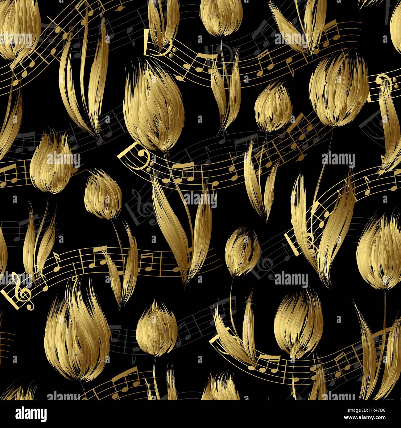 Motif transparent brillant avec de l'huile d'or peint fleurs tulipes fin notes d'or sur fond noir. Motif floral pour les invitations de mariage, voiture de souhaits Illustration de Vecteur