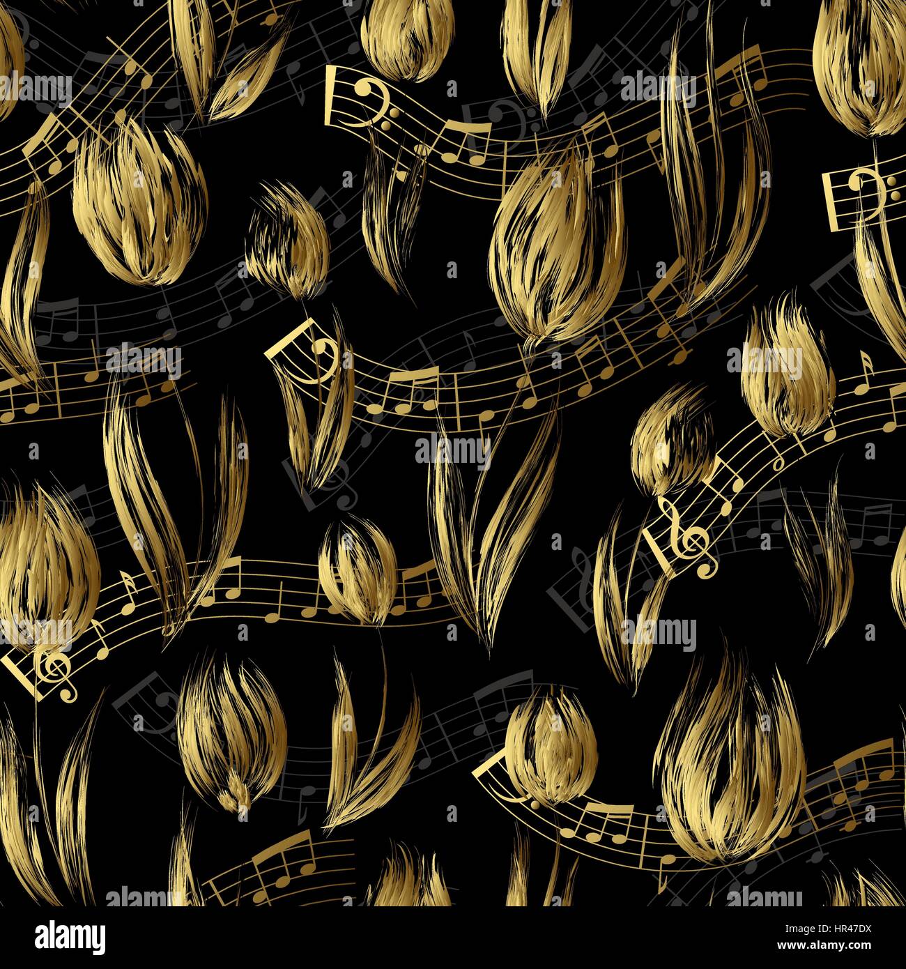 Motif transparent brillant avec de l'huile d'or peint fleurs tulipes fin notes d'or sur fond noir. Motif floral pour les invitations de mariage, voiture de souhaits Illustration de Vecteur