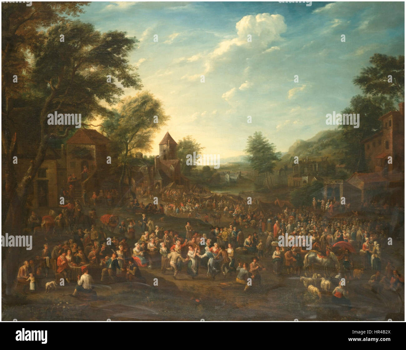 « A Flemish Country Fair » de Pieter bout dépeint une scène rurale animée remplie de gens profitant de diverses activités. La peinture met en évidence la dynamique sociale de la vie rurale dans la Flandre du XVIIe siècle, en utilisant des couleurs vives et des détails riches pour améliorer l'atmosphère. Banque D'Images