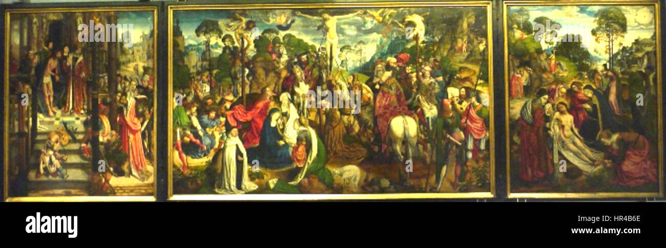 Les passions Triptykon à Aix-la-Chapelle décrivent la passion du Christ à travers un dessin tripartite. L'œuvre représente des moments clés de la crucifixion et de la mort du Christ, en utilisant des couleurs vives et des expressions dramatiques pour capturer les aspects tristement et rédempteurs du récit chrétien. Banque D'Images