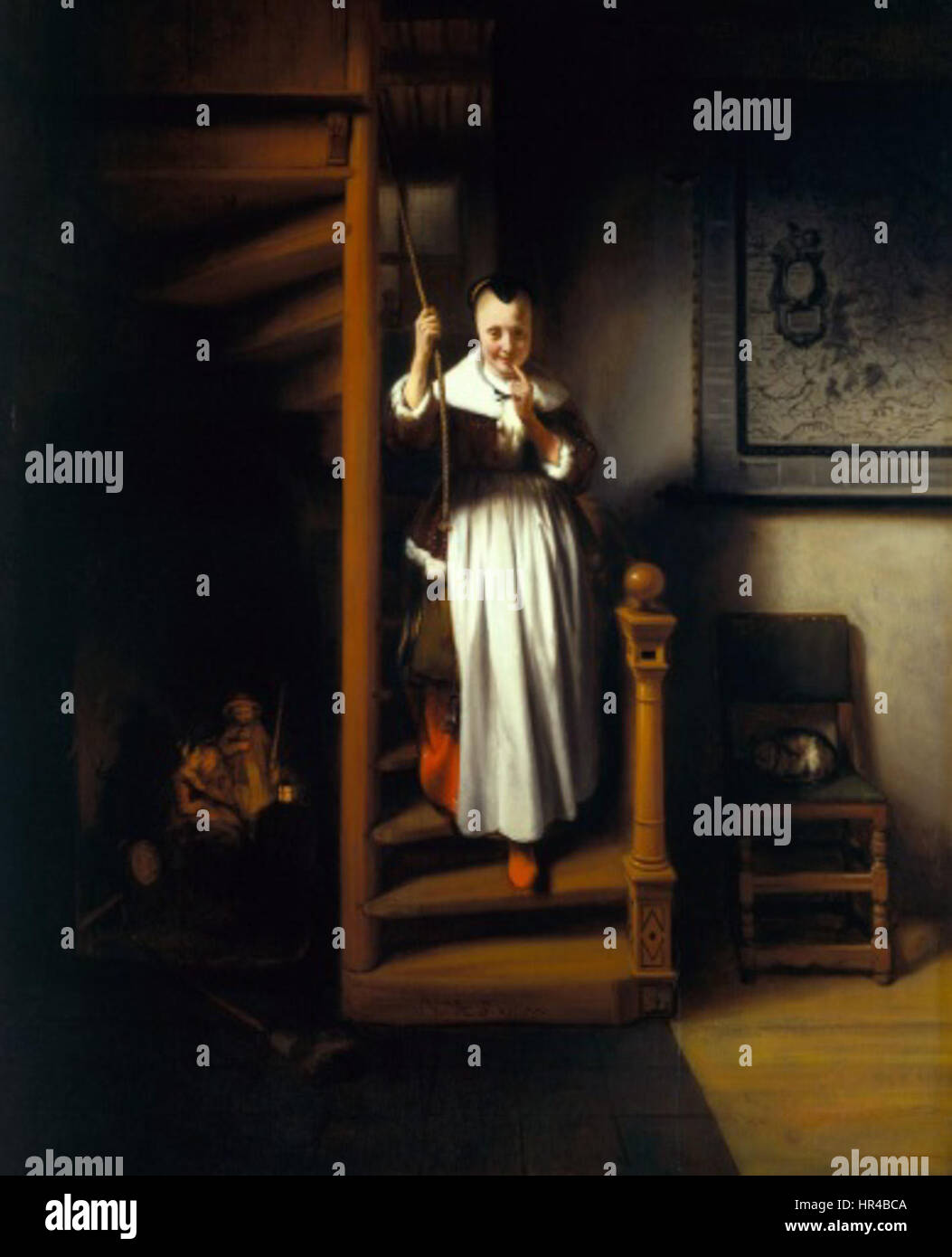 Nicolaes MAES - La femme au foyer d'écoute Banque D'Images