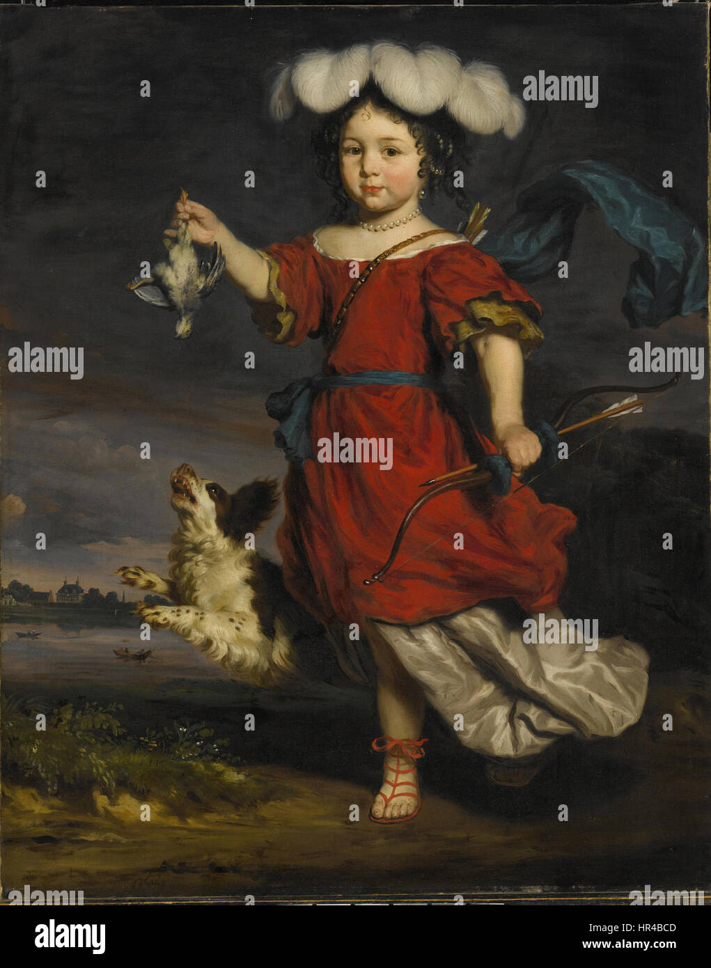 Ce portrait de Nicolaes Maes montre un enfant habillé en chasseur, tenant un oiseau mort avec un chien à ses côtés. La peinture met en évidence l'habileté de Maes à capturer à la fois des figures humaines et des animaux avec réalisme. Banque D'Images