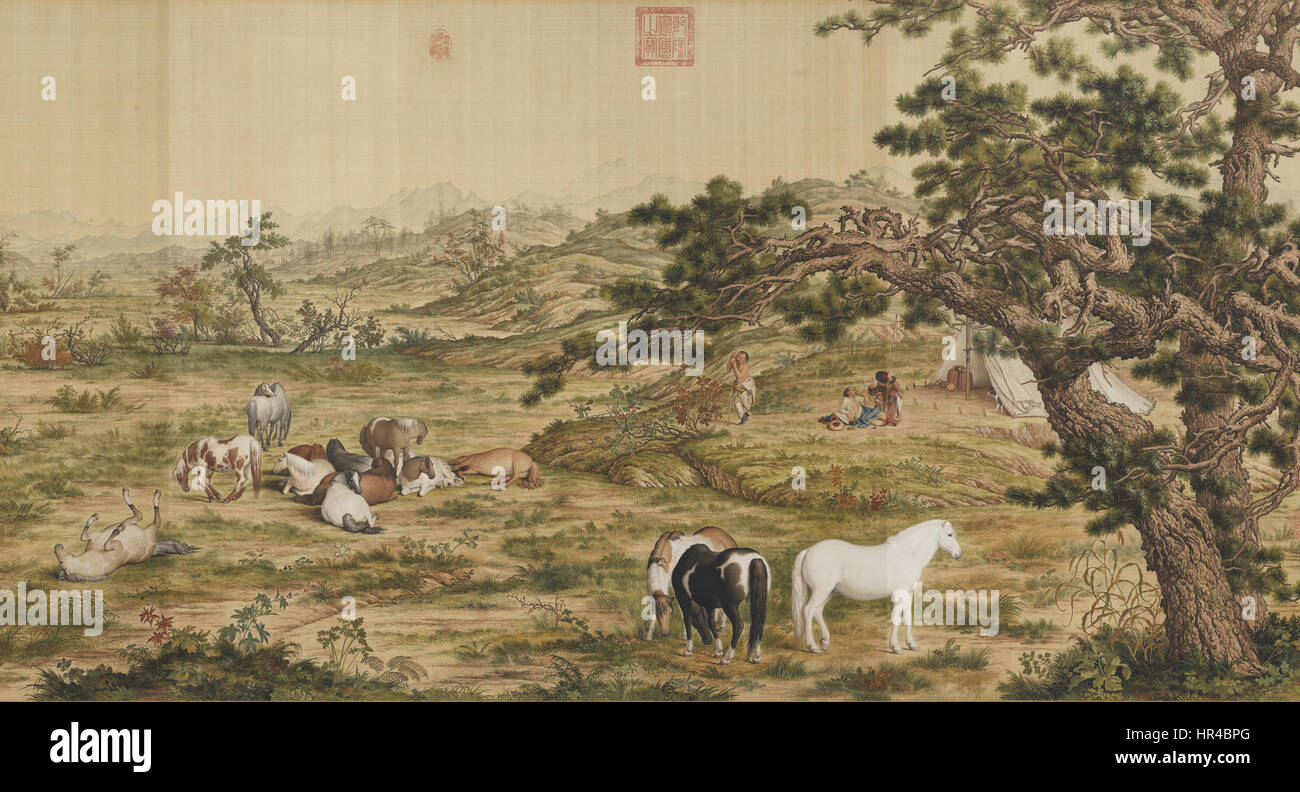 'Cent chevaux (partie 5)' est une continuation d'une série représentant un grand groupe de chevaux dans diverses poses. L’artiste se concentre sur le mouvement et l’interaction entre les chevaux, capturant leur force et leur grâce. Ce travail explore le thème de la dynamique animale et fait partie d’une collection plus vaste axée sur les sujets équins. Banque D'Images
