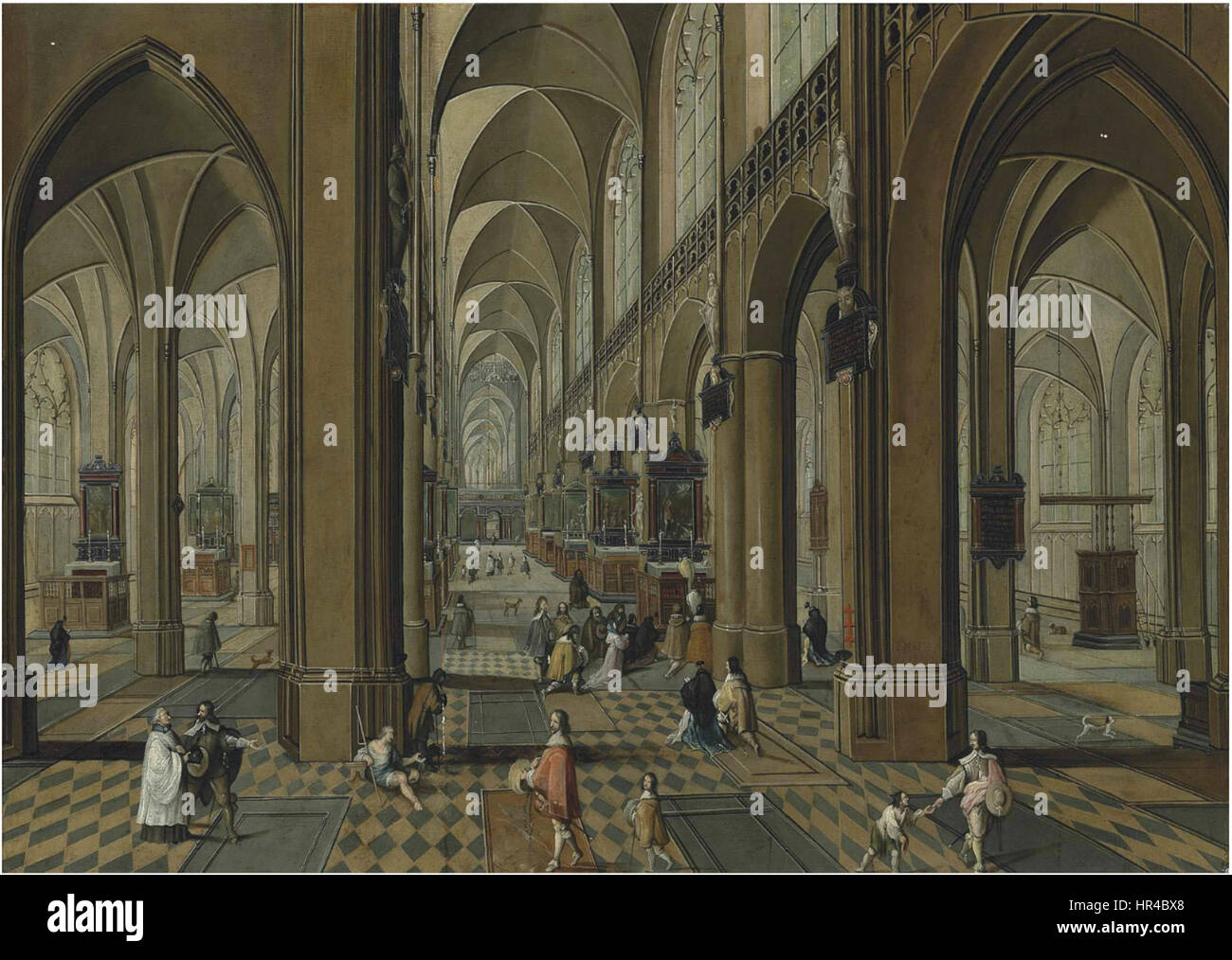Pieter Neefs II et disciple de Frans Francken II - l'intérieur de la cathédrale de Notre Dame, Anvers, avec messe célébrée sur l'un des autels, et d'autres chiffres élégant conversant Banque D'Images