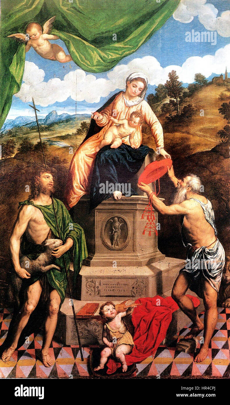 Paris Bordone - Madonna à trono con bambino, San Giovanni Battista e San Girolamo - Museo Civico, Trévise Banque D'Images