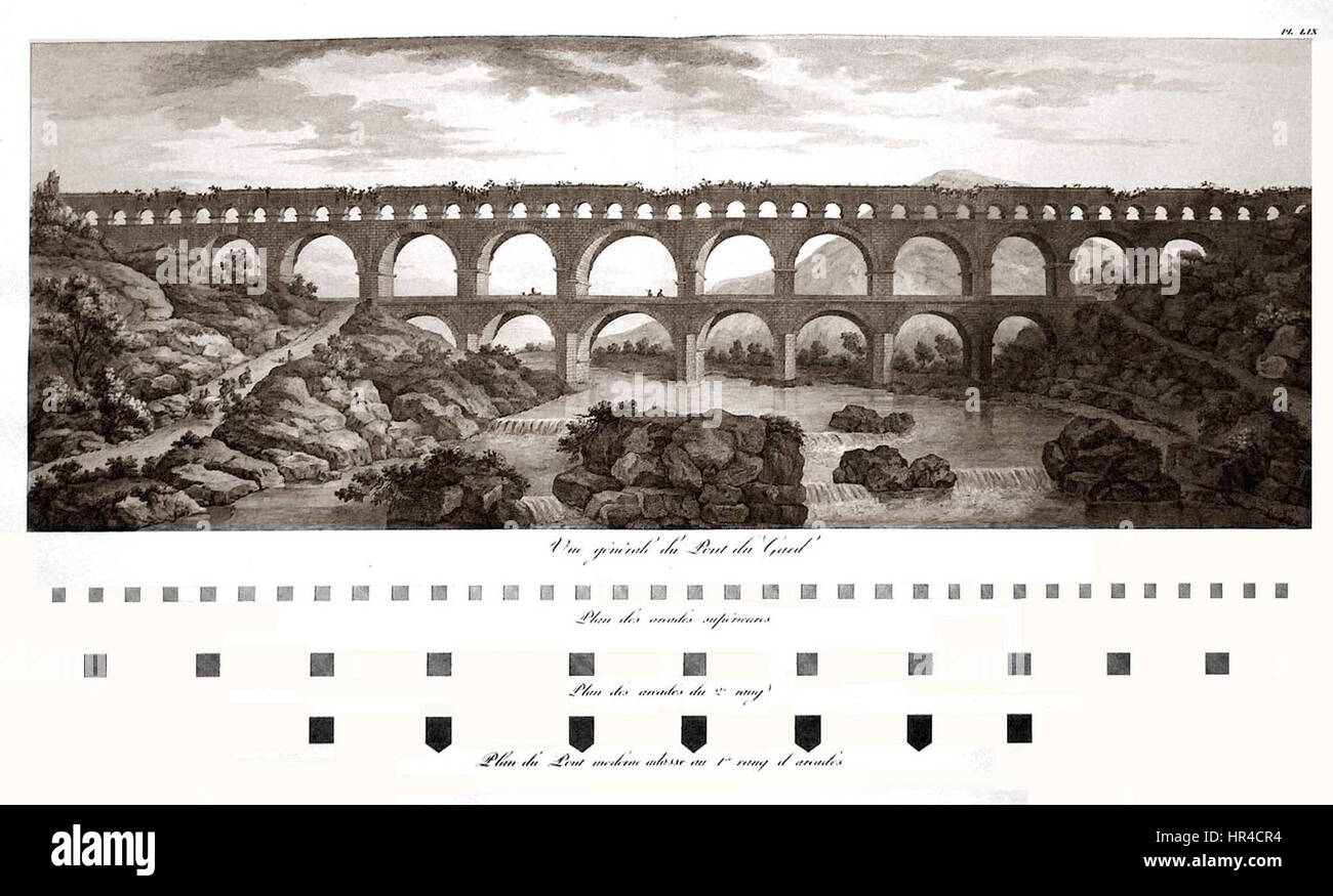 'Pont-de-Gard' de Clerisseau (1804) est un dessin néoclassique de l'emblématique aqueduc romain du sud de la France. Le dessin capture l’échelle monumentale et l’élégance architecturale de la structure. Banque D'Images