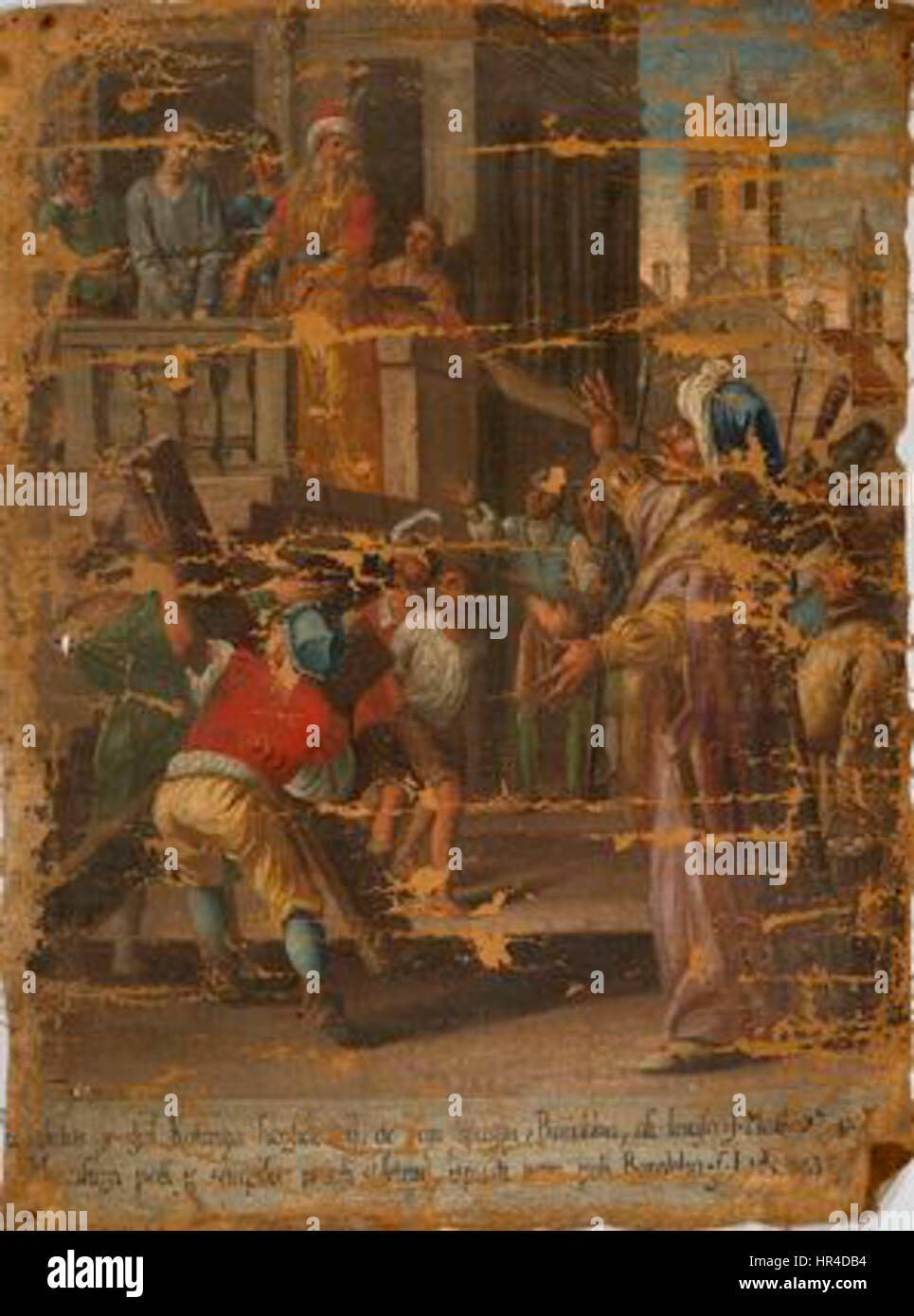 Cette œuvre, 'Pilatova sodba' (XIXe siècle), représente la scène biblique de Ponce Pilate condamnant Jésus. La composition capture le moment dramatique et émotionnel du procès, soulignant le contraste entre les figures et l'atmosphère intense. Banque D'Images