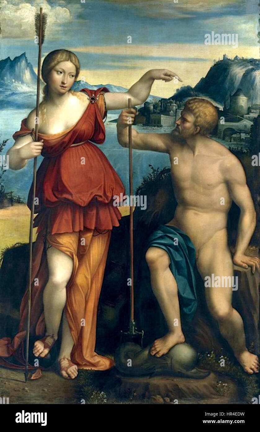 Poseidon et Athena bataille pour le contrôle d'Athènes - Benvenuto Tisi da Garofalo (1512) Banque D'Images