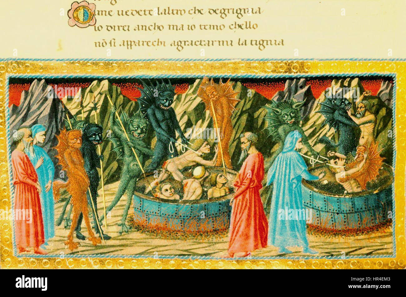 Cette miniature, créée par Priamo della Quercia et Giovanni di Paolo, illustre une scène de la Divine Comédie de Dante. L'œuvre montre des détails complexes et des couleurs vibrantes, reflétant les thèmes religieux et allégoriques du poème épique. Banque D'Images