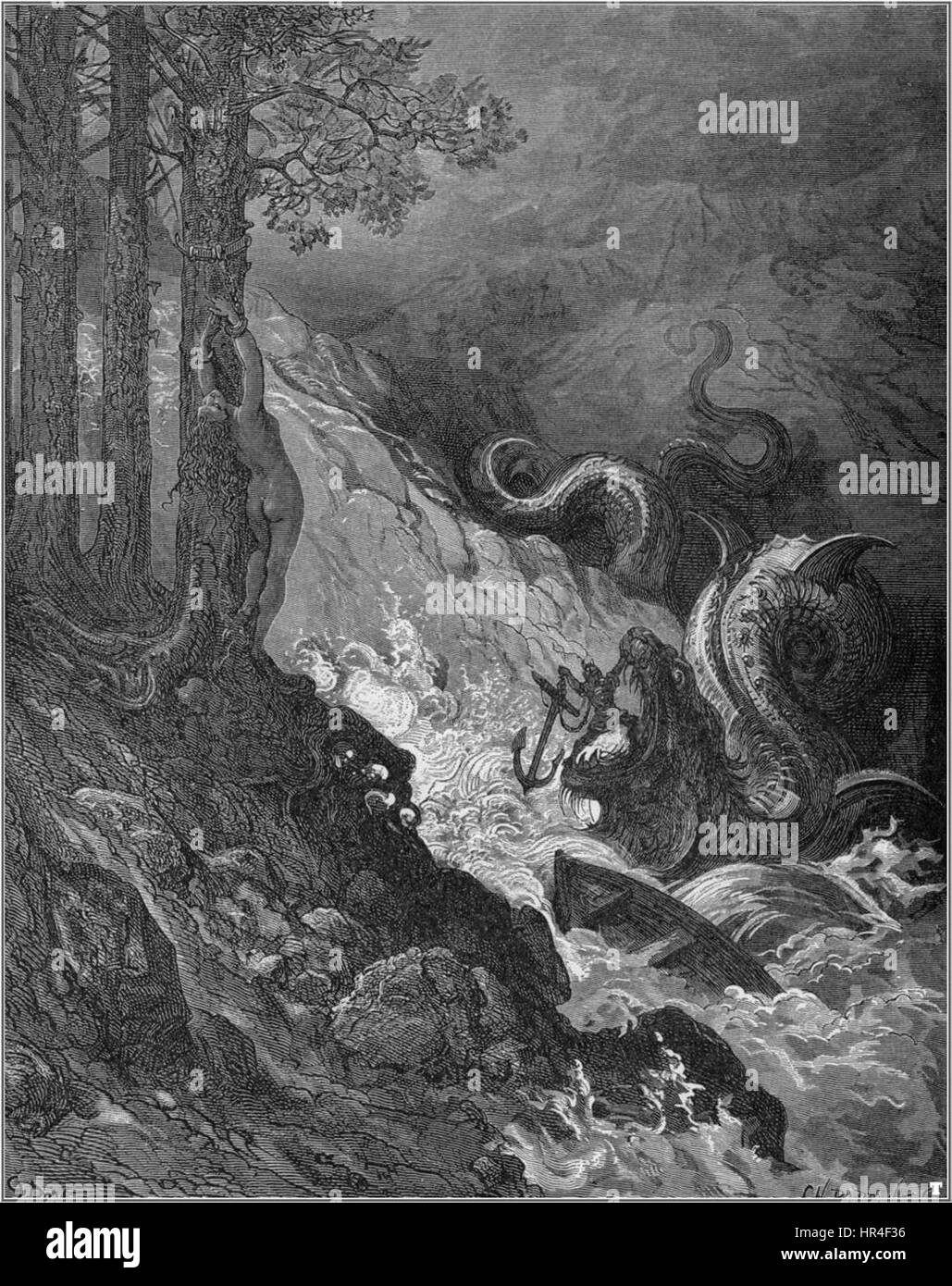'Orlando Furioso 27' fait partie d'une série d'illustrations inspirées du poème épique de Ludovico Ariosto. Cette pièce met en valeur les éléments dramatiques et fantastiques de l'histoire, capturant les exploits héroïques et la profondeur émotionnelle des personnages dans le récit du poème épique. Banque D'Images