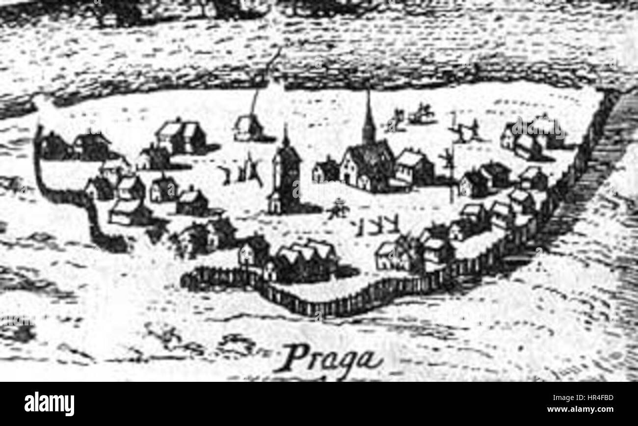 POL Praga Dahlenberg est une œuvre d'art du XVIIe siècle, connue pour sa représentation détaillée de l'architecture de Prague. La pièce met en valeur le paysage urbain de la ville et les structures remarquables de l'époque. Banque D'Images