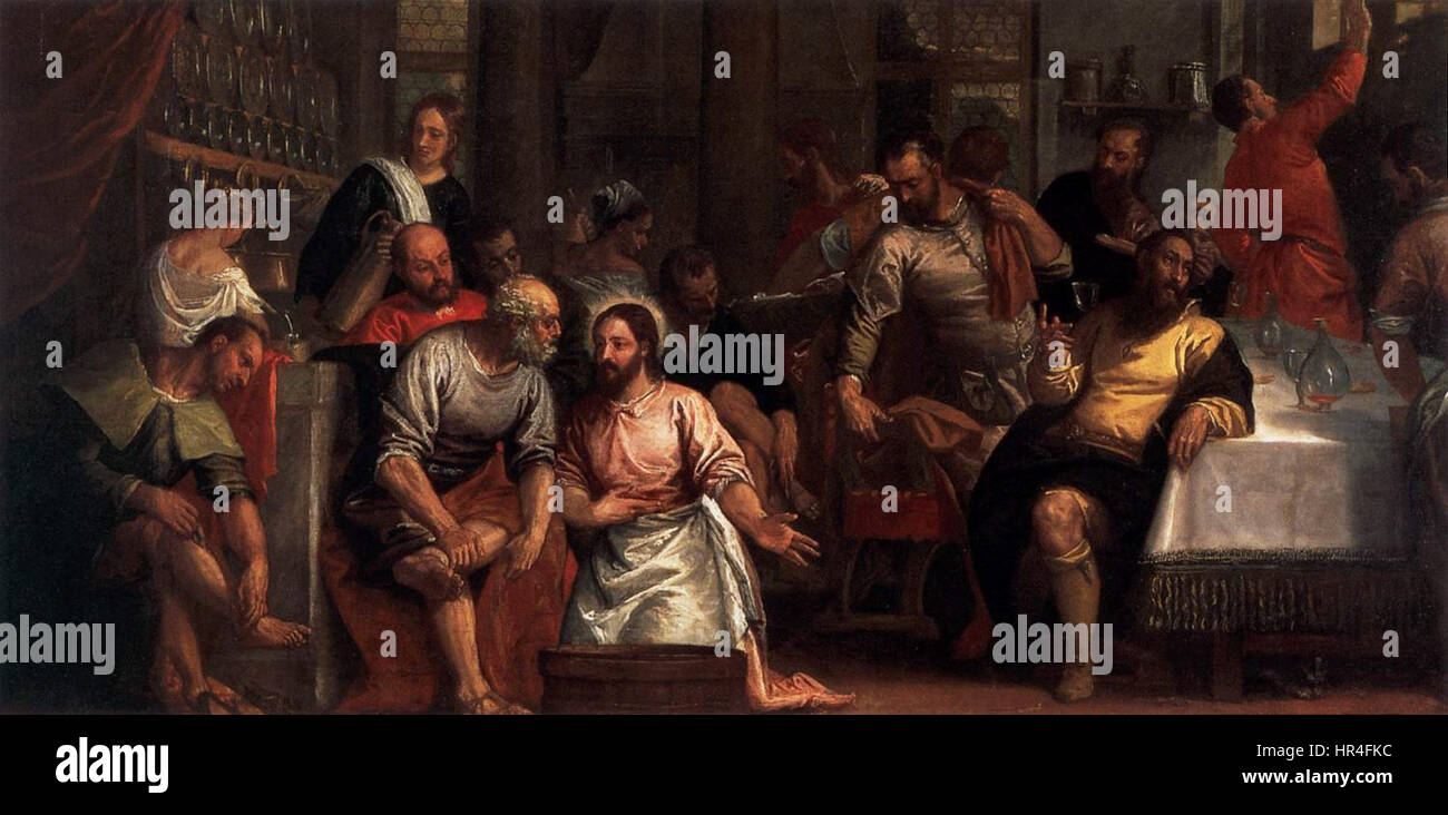 Le Christ lavant les pieds des disciples de Paolo Veronese est une peinture de la Renaissance représentant la scène biblique du Christ s'humiliant en lavant les pieds de ses disciples, mettant l'accent sur les thèmes de l'humilité et du service. Banque D'Images