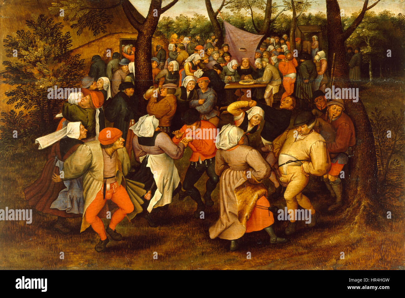 La « danse de mariage paysan » de Pieter Bruegel II capture une célébration rurale animée d'un mariage dans une communauté paysanne. La représentation vibrante met en vedette des danseurs, des musiciens et des invités profitant des festivités traditionnelles, reflétant l'accent mis par Bruegel sur la vie quotidienne et la joie des événements communautaires. Banque D'Images