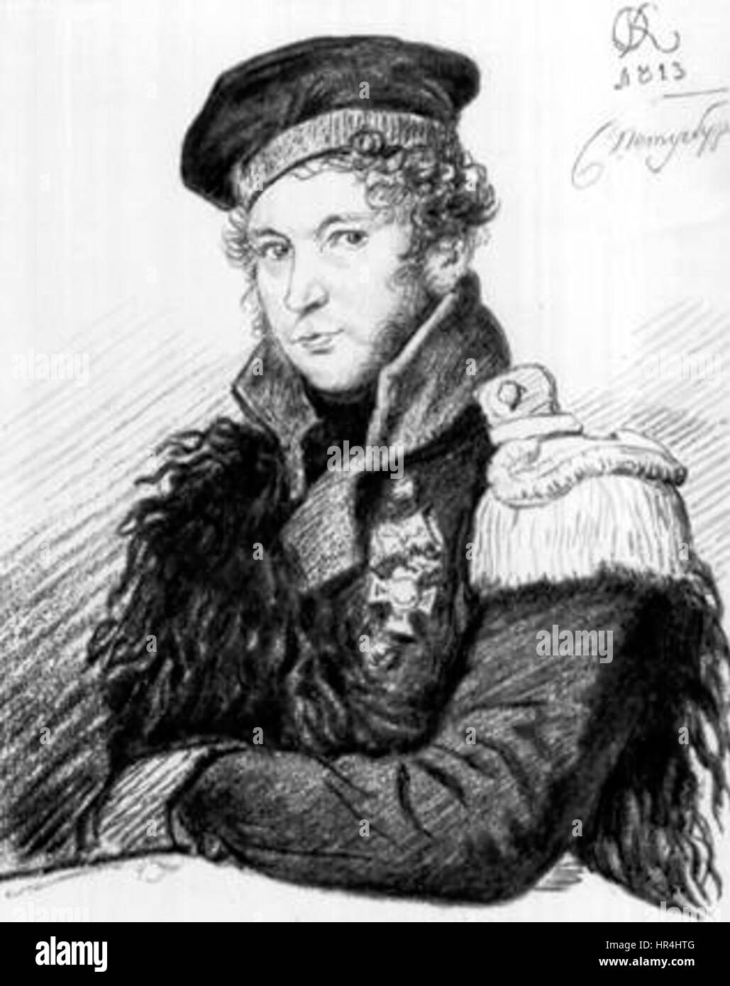 Le portrait d’Orest Kiprensky capture une figure au caractère fort, mettant en valeur son habileté à rendre la profondeur psychologique de ses sujets. Connu pour ses pinceaux détaillés, Kiprensky met en valeur l’intensité émotionnelle et le réalisme du sujet, une caractéristique de ses portraits russes du XIXe siècle. Banque D'Images