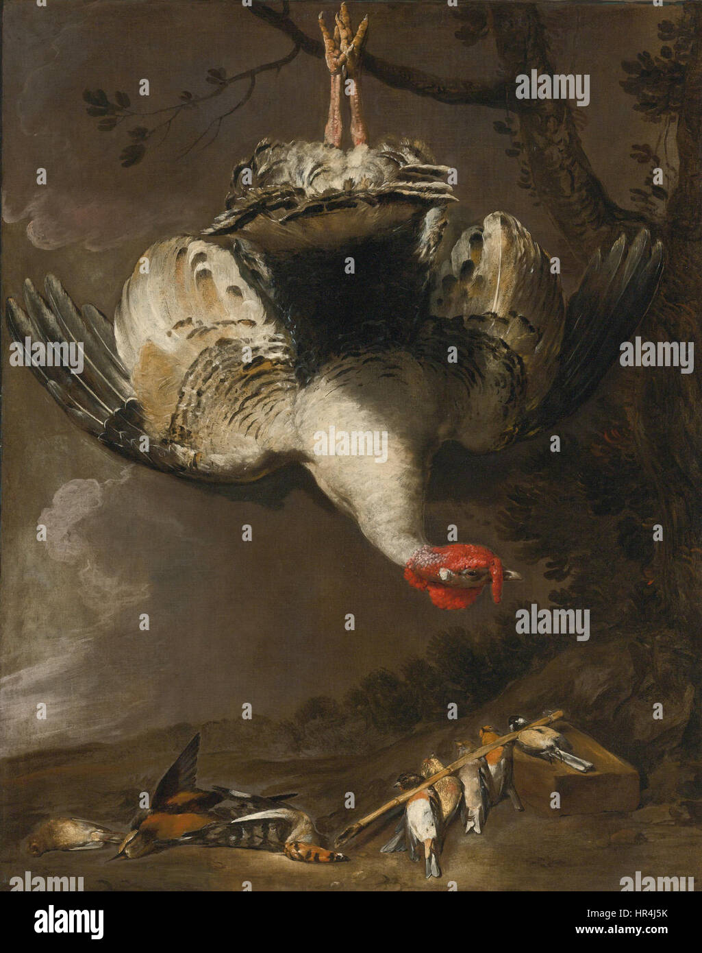 L'École Italienne c1700 de la vie encore une dinde et les oiseaux chanteurs dans un paysage Banque D'Images