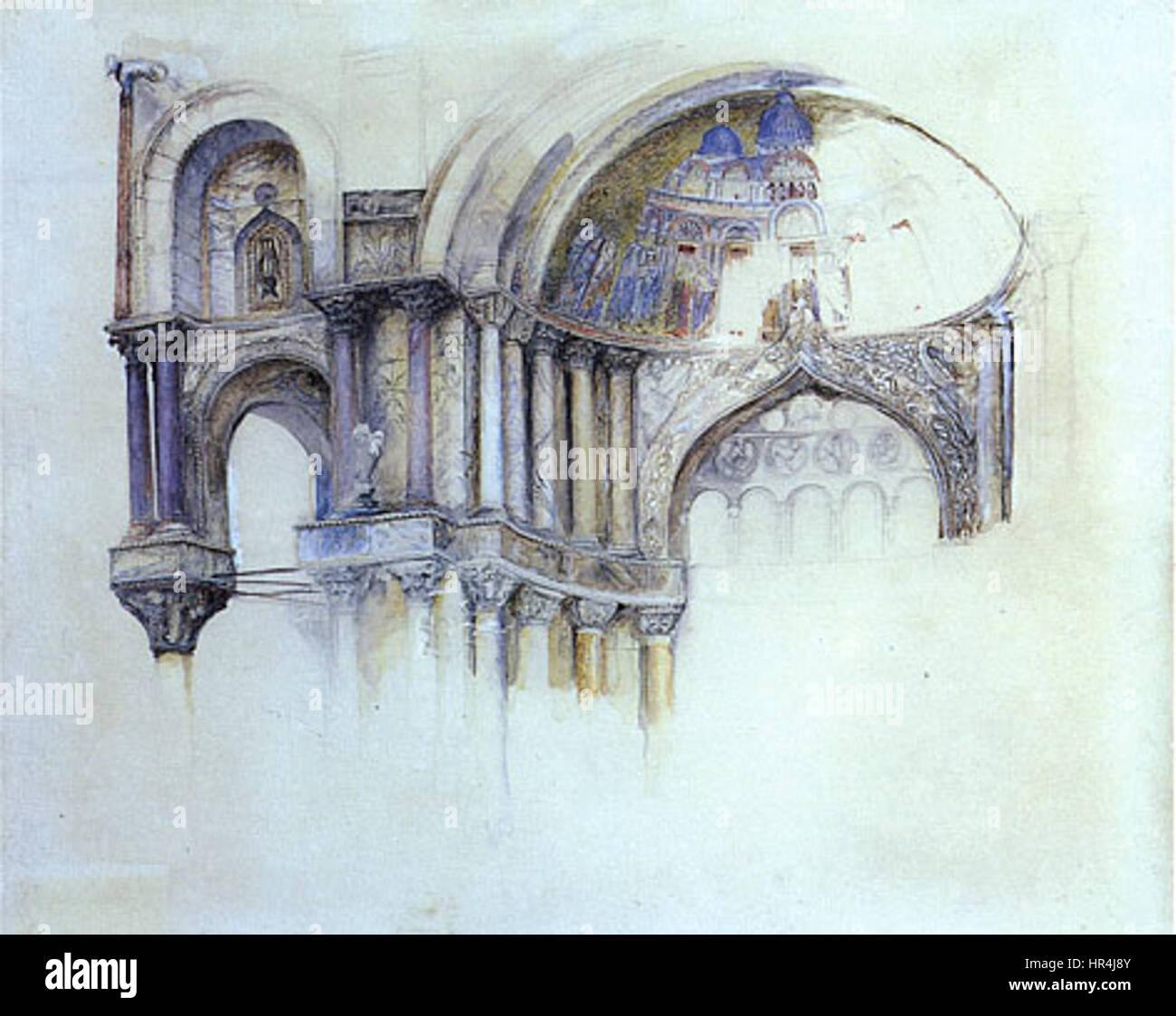 Le porche nord-ouest de la basilique de Saint Marc à Venise est une grande caractéristique architecturale. Ses sculptures détaillées et sa conception reflètent l'influence byzantine sur l'architecture vénitienne, symbolisant l'importance religieuse de l'église et son patrimoine culturel. Banque D'Images