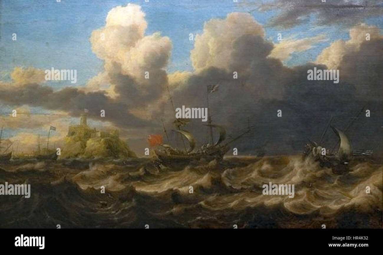 « Stormy Sea » de Peeters dépeint une scène maritime spectaculaire, mettant en valeur la puissance et le danger de l'océan. La peinture met en évidence l’habileté de Peeters à capturer les eaux turbulentes et les forces dynamiques de la nature. Banque D'Images