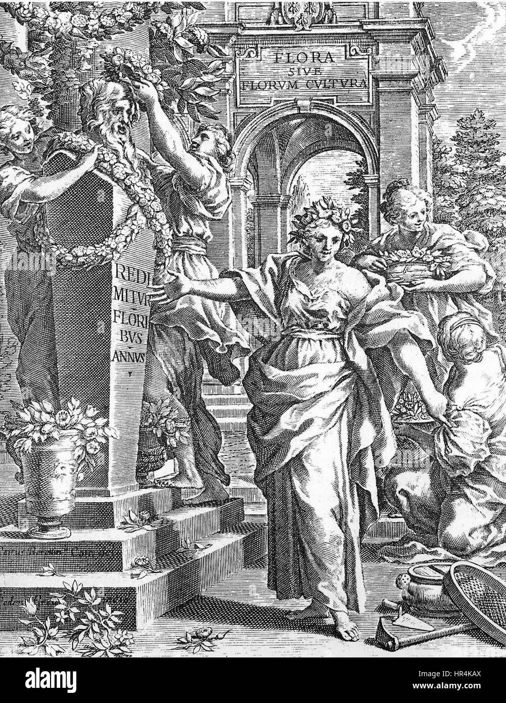 Pietro da Cortona, un artiste baroque italien, a créé le frontispice de 'Flora di Ferrari', une œuvre sur la botanique. Le frontispice illustre un mélange d'art baroque et de thèmes botaniques, mettant en valeur la capacité de Cortona à fusionner la beauté artistique avec des sujets scientifiques. Ce travail est un exemple clé de l’illustration baroque dans le contexte de la découverte scientifique. Banque D'Images