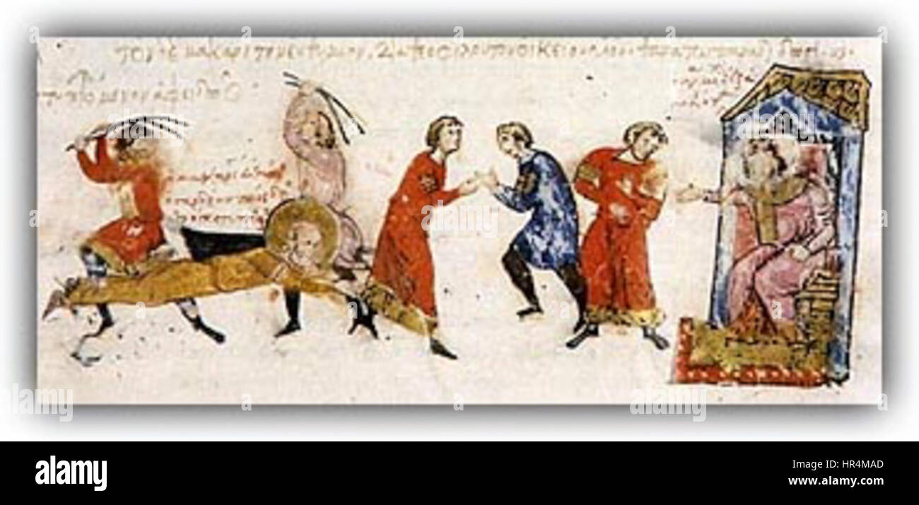 La 'persécution des moines' est une scène illustrée de la 'chronique de John Skylitzes'. Il représente le traitement sévère et le martyre des moines, reflétant les luttes historiques et religieuses de l'Empire byzantin au XIe siècle. Banque D'Images