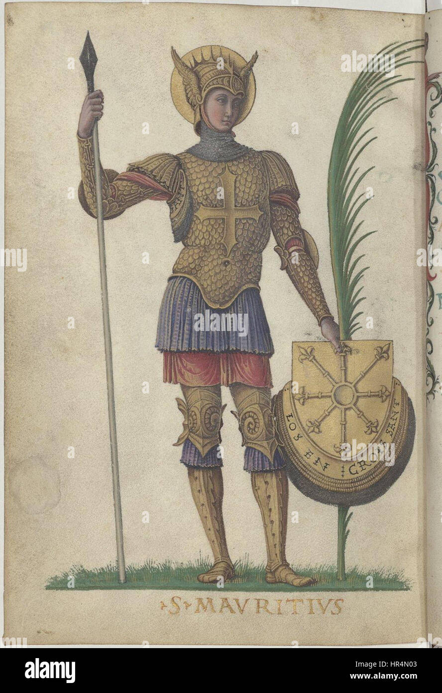 La passion de Saint Maurice est une page manuscrite enluminée représentant le martyre de Saint Maurice. Cet ouvrage détaillé, conservé dans la bibliothèque de l’Arsenal, montre la mort tragique de Saint Maurice et met en lumière la tradition chrétienne primitive du martyre. Banque D'Images