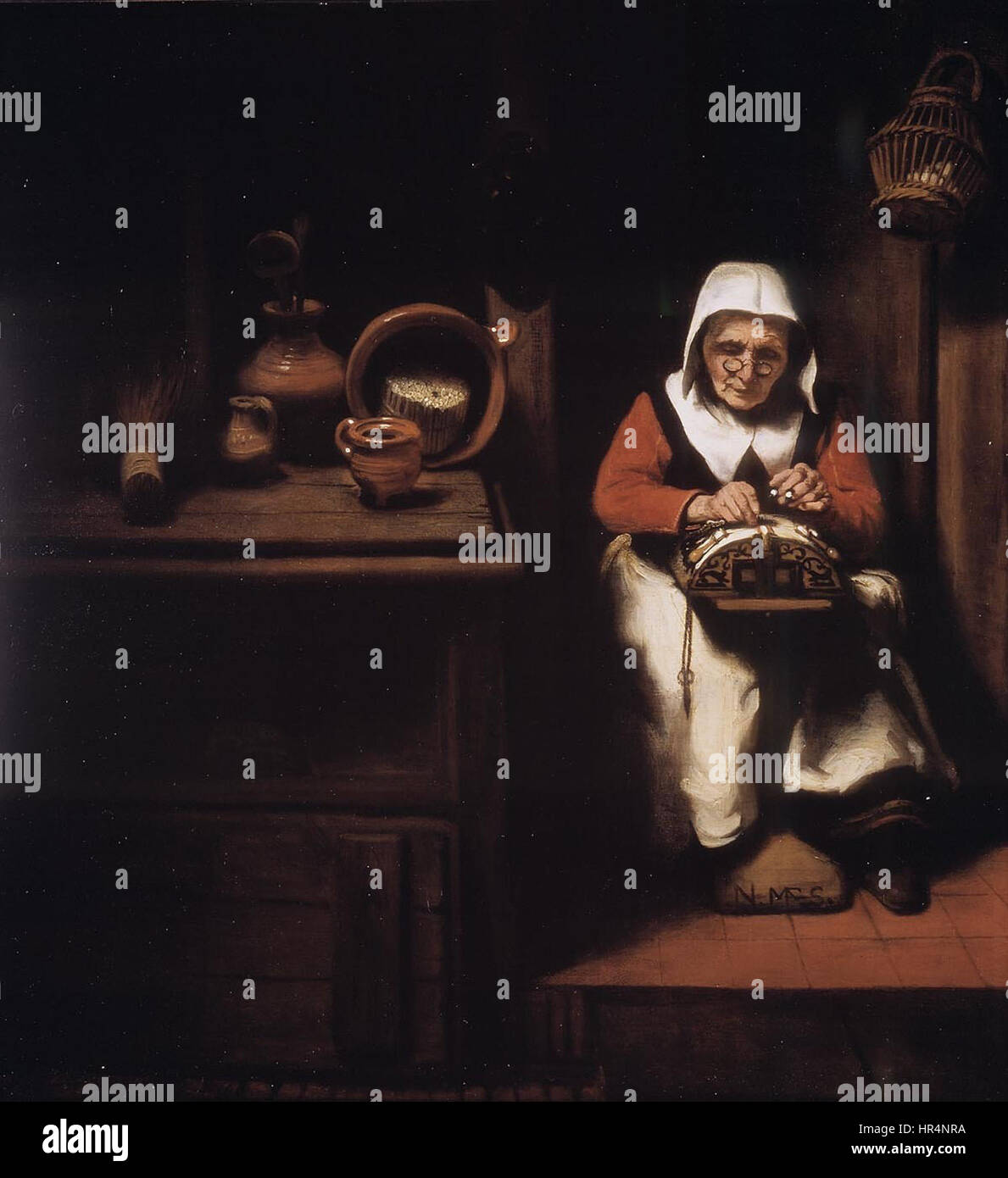 Ce portrait de Nicolaes Maes met en évidence la capacité de l'artiste à capturer la personnalité et le statut de ses sujets. Connu pour son approche raffinée du portrait, Maes se concentre sur des expressions faciales réalistes et des détails fins. Banque D'Images